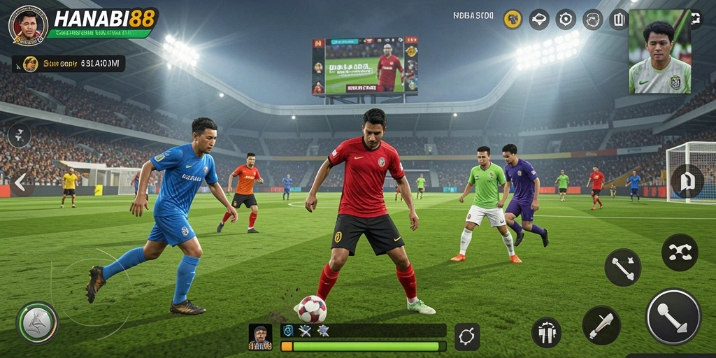 Tangkapan layar utama HANABI88 menampilkan aksi seru di lapangan sepak bola.