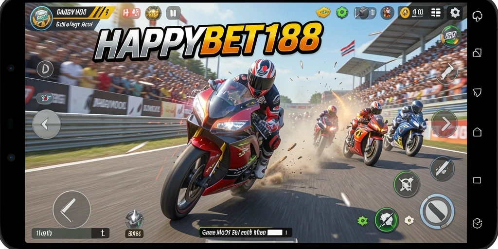 Tangkapan layar gameplay <strong>HAPPYBET188</strong> yang mendebarkan dengan aksi balap motor.