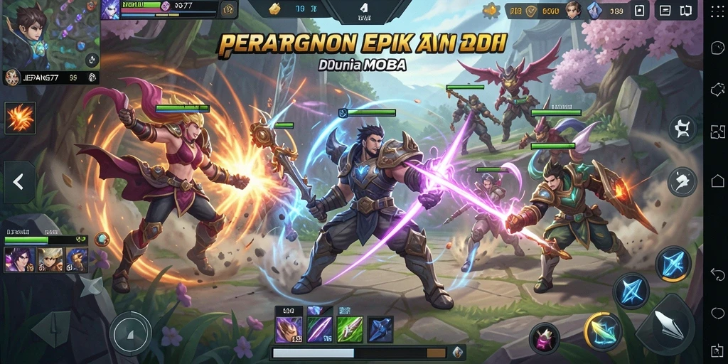 Screenshot utama JEPANG77 menampilkan aksi MOBA yang mendebarkan.