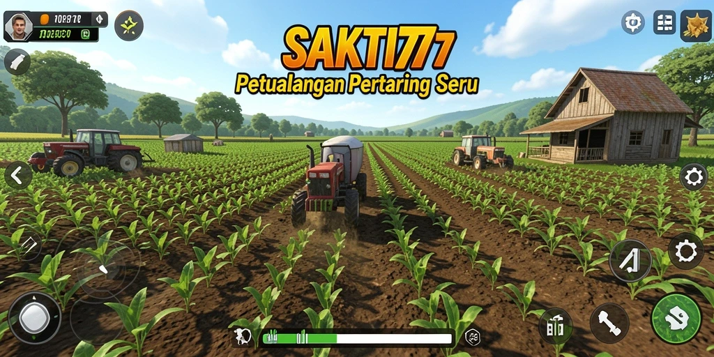 Screenshot gameplay SAKTI77 yang menampilkan ladang yang indah dan tanaman subur.