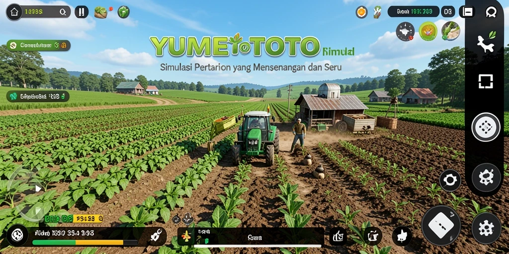 Tangkapan layar gameplay YUMETOTO dengan pertanian yang subur dan beragam tanaman.