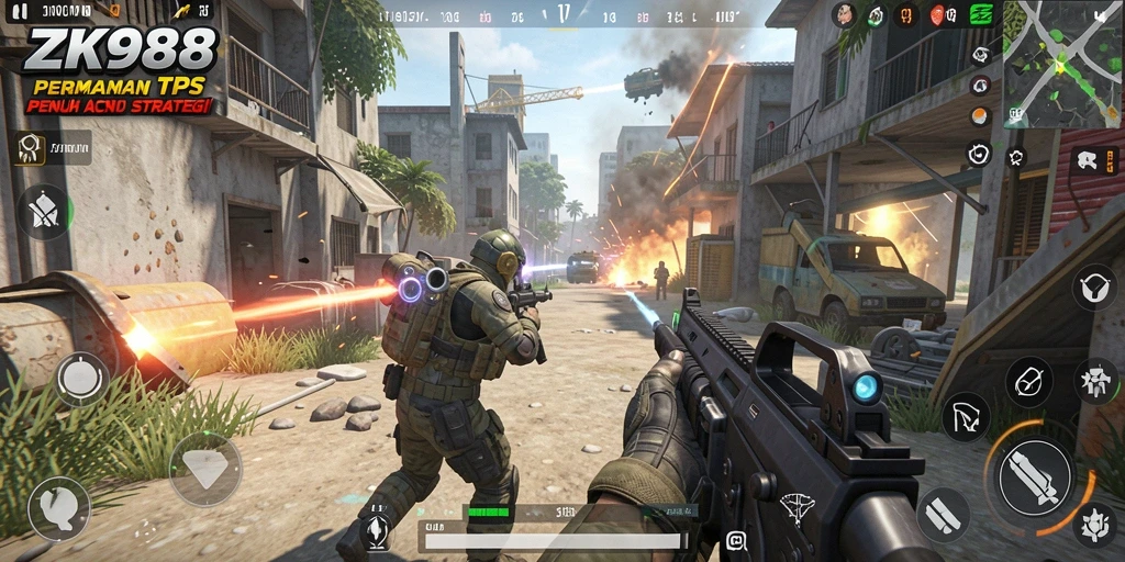 Screenshot gameplay ZK988 menampilkan aksi tempur yang mendebarkan di TPS.
